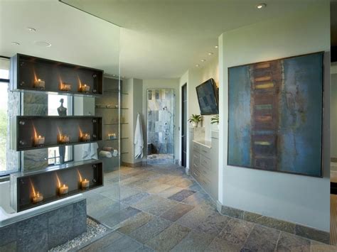 spa retreat  fireplace  zen appeal simple bathroom remodel