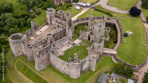 top  aerial view   ruins   large medieval castle raglan