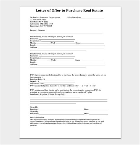 real estate offer letter templates examples word