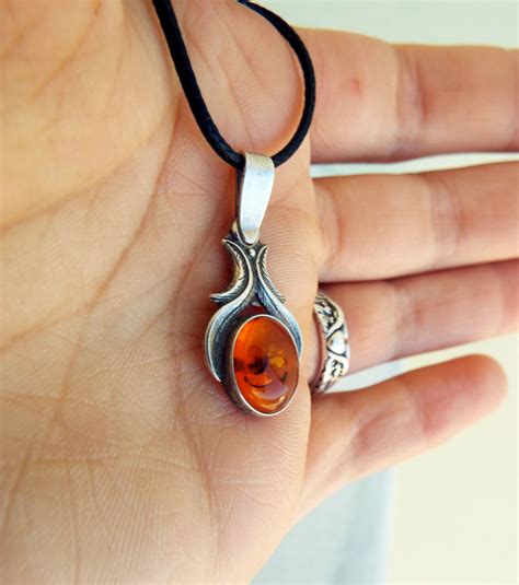 amber pendant silver gemstone necklace sterling  handmade gothic antique vintage jewelry