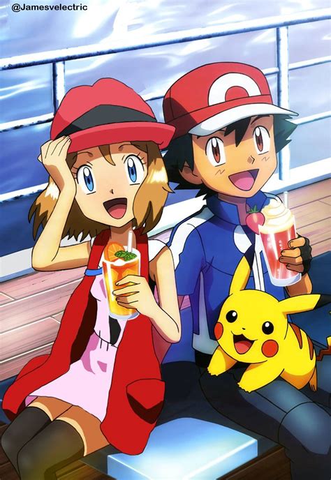 Serena And Ash With Pikachu Had A Smoothies Casais Pokemon