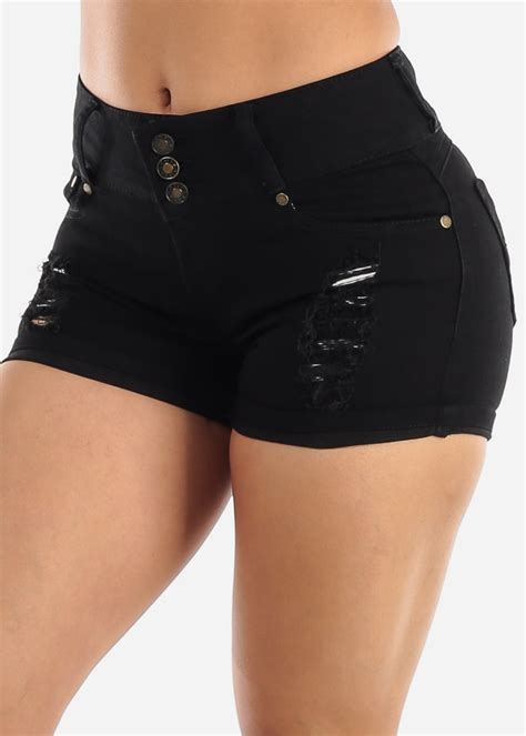 moda xpress womens mid rise denim shorts black butt lifting ripped denim shorts
