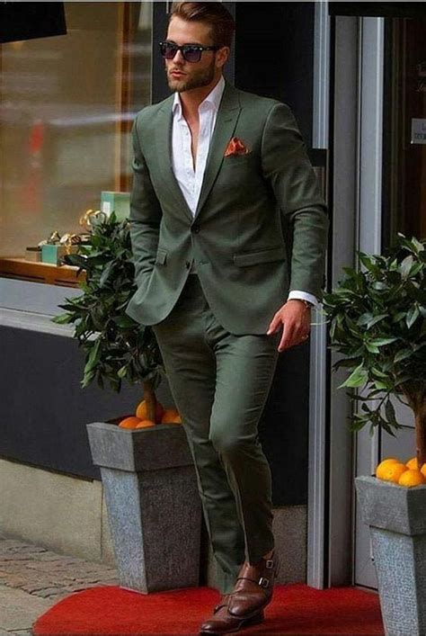 men suits olive green  piece slim fit formal fashion wedding suit