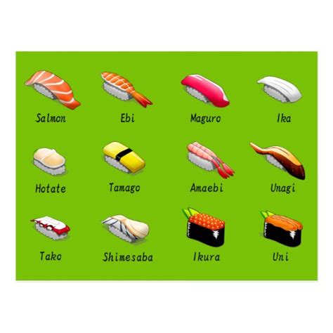 Sushi Chart Types Of Cute Japanese Sushi Food Postcard Zazzle Ca
