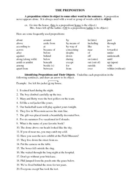 preposition worksheet    grade lesson planet