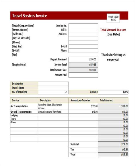 sample travel invoice templates ms word