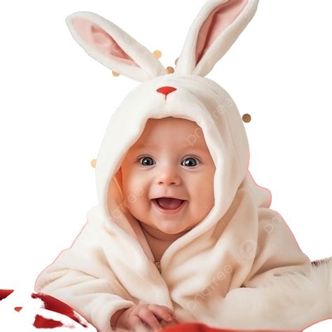 newborn baby   rabbit costume lies   red blanket