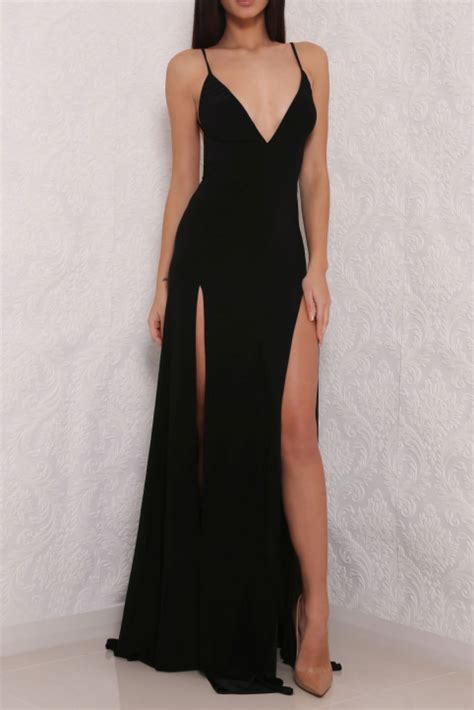 Sexy High Slit Black Open Back Prom Dresses Long Black Evening Gown