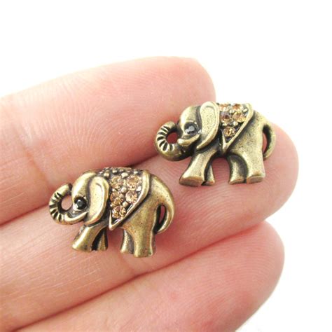 small elephant shaped animal stud earrings  brass  rhinestones