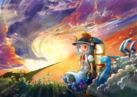 sunset pokemon video games clouds touhou dress blue hair red