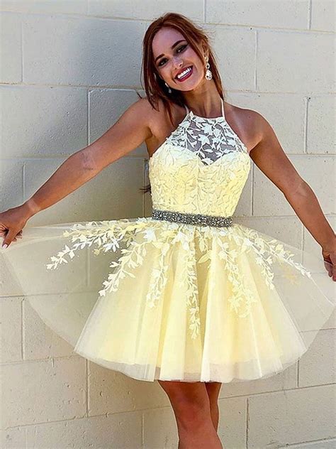 Halter Neck Short Yellow White Lace Prom Dresses Short