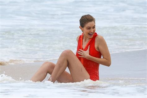 Gigi Hadid Rocks A Red Bathing Suit During A Photoshoot At