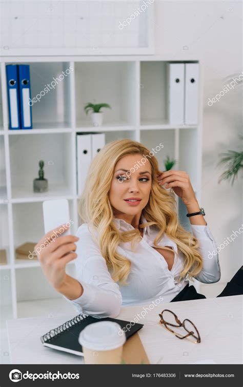Sexy Blonde Businesswoman Taking Selfie Working Place