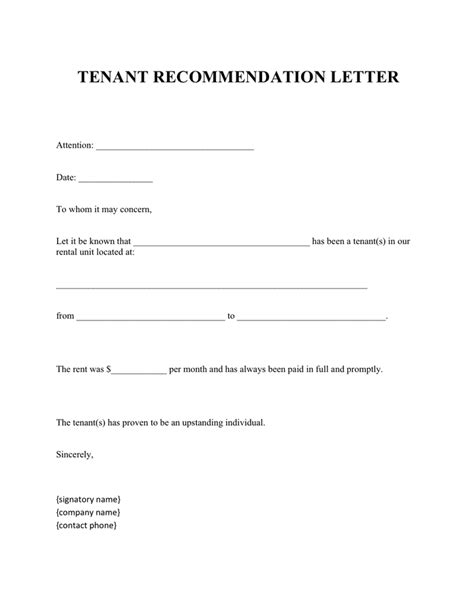 tenant recommentation letter  word   formats