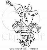 Unicycle Christmas Clipart Carrying Elf Gifts Cartoon Coloring Toonaday Outlined Vector Stock sketch template