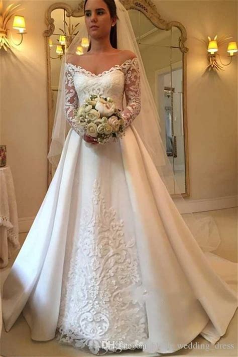 discountwhite   wedding dresses  shoulder long sleeve lace