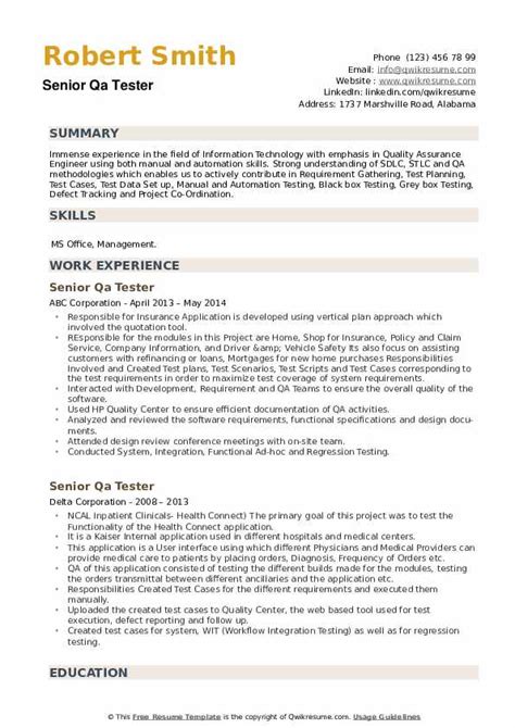 sample resume  experienced qa tester tampahomc
