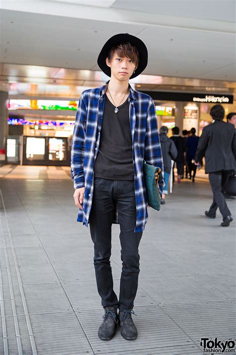 shibuya guy in hat wego plaid shirt jacket skinny jeans