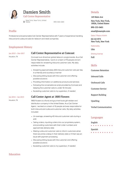 resume template  call center agent