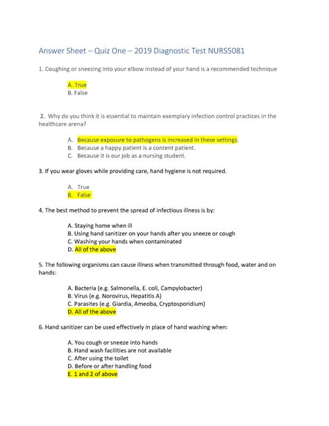 student answer quiz  infection control  answer sheet quiz