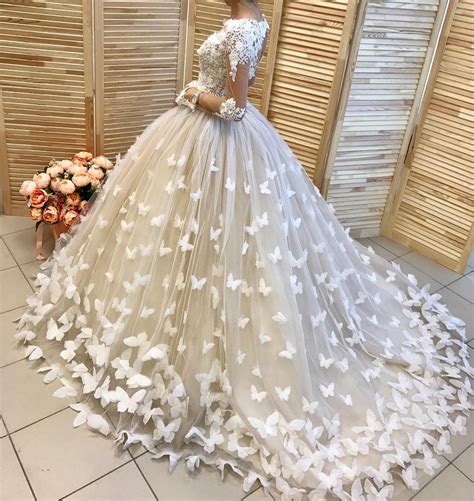 amazing butterfly ball gown long sleeves wedding dress bridal gowns