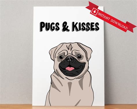 printable pug birthday card pugs  kisses dog card etsy