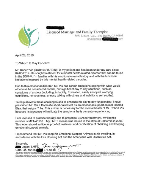 emotional support animal letter template