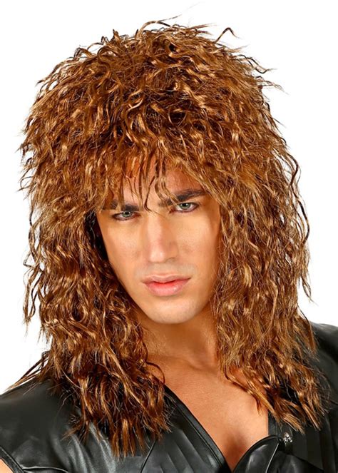 mens 1980s long curly brown rock star wig