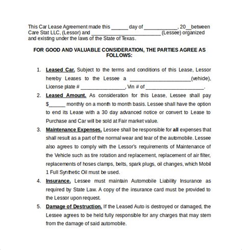 car lease agreement templates  ms word  pages google