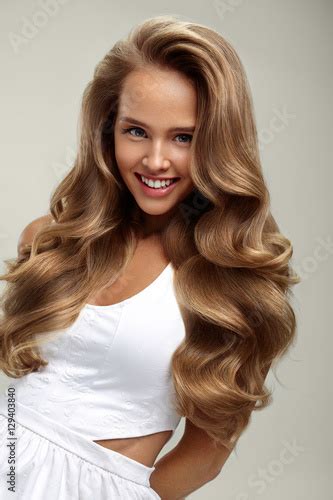 Perfect Hair Beautiful Woman Model With Long Blonde Curly Hair Stock