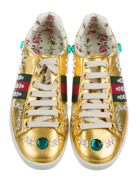 gucci   ace jeweled metallic leather sneakers shoes guc  realreal