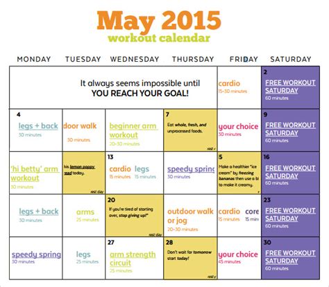 sample workout calendar templates   ms word