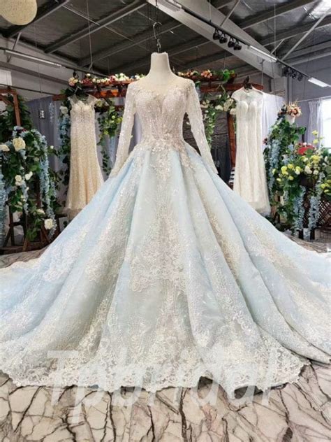 light blue wedding dress  neck long sleeve ball gown prom light blue wedding dress blue