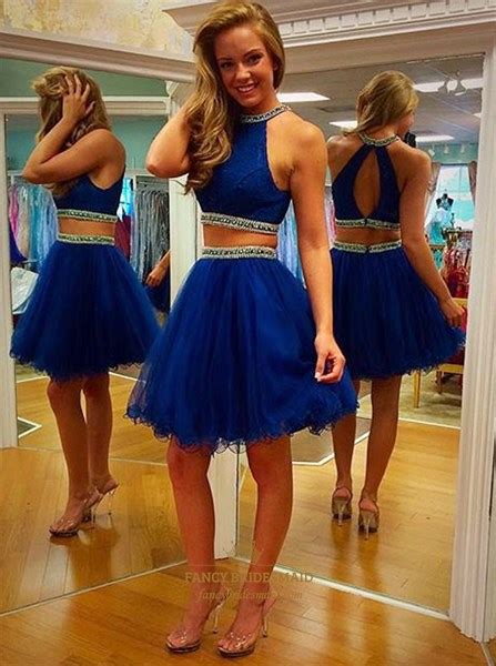 royal blue two piece beaded high neck homecoming dress with keyhole