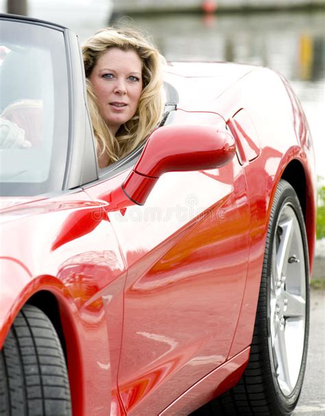 Woman In Red Sports Car Stock Image Image Of Middle
