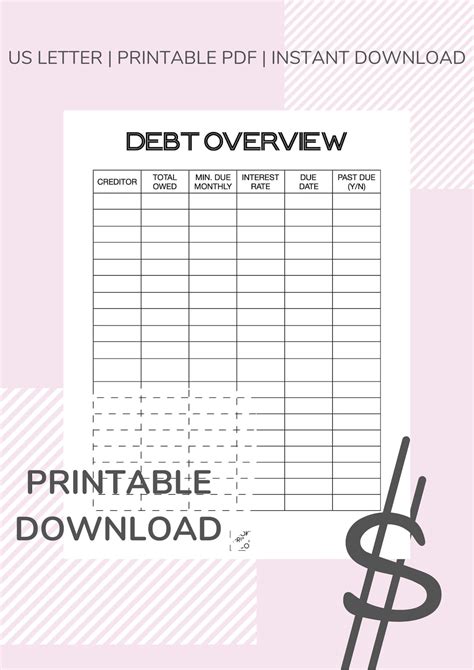 debt overview worksheet digital  printable  etsy