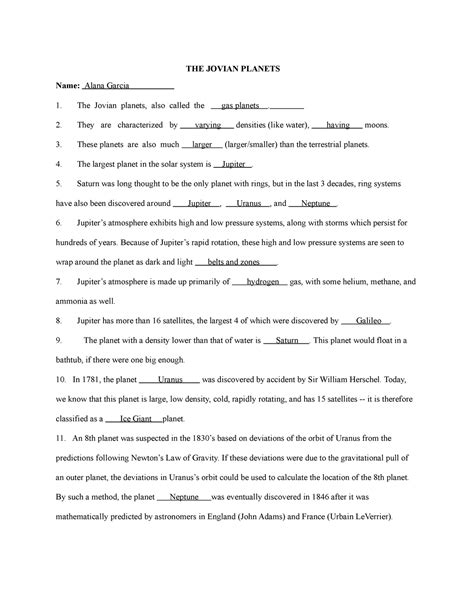 jovian planets compare  contrast worksheet  jovian planets