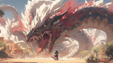 premium ai image anime style painting   giant dragon   person