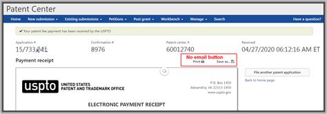 send email button  missing  patentcenter ant  persistence