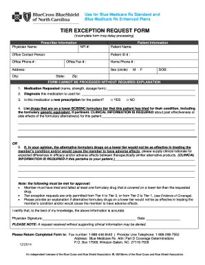 tier exception request form blue cross  blue shield  north