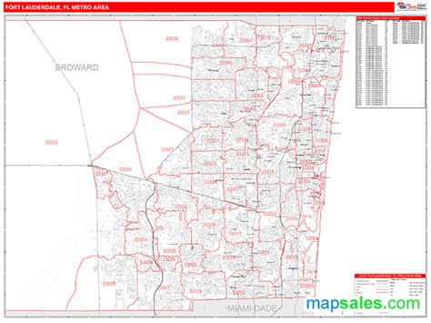 Fort Lauderdale Fl Metro Area Zip Code Wall Map Red Line Style By