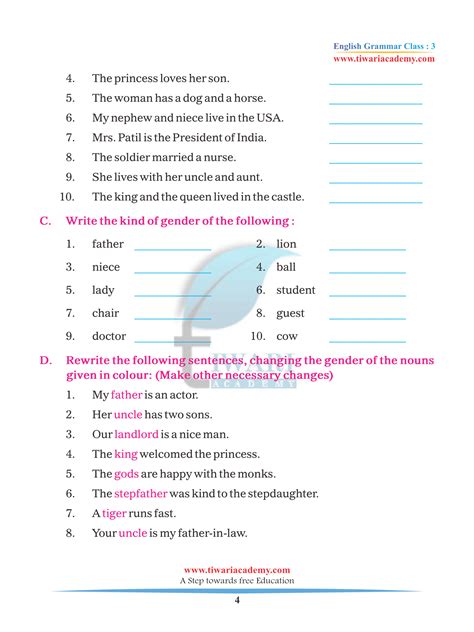 Hindi Grammar Exercise Gender Online Worksheet For 3