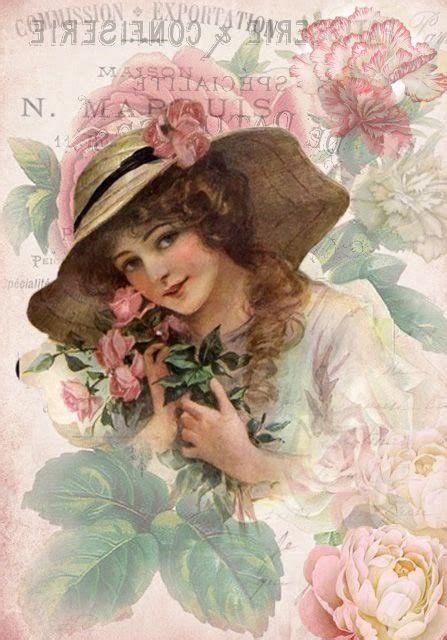 set of two victorian woman with pink roses and hat