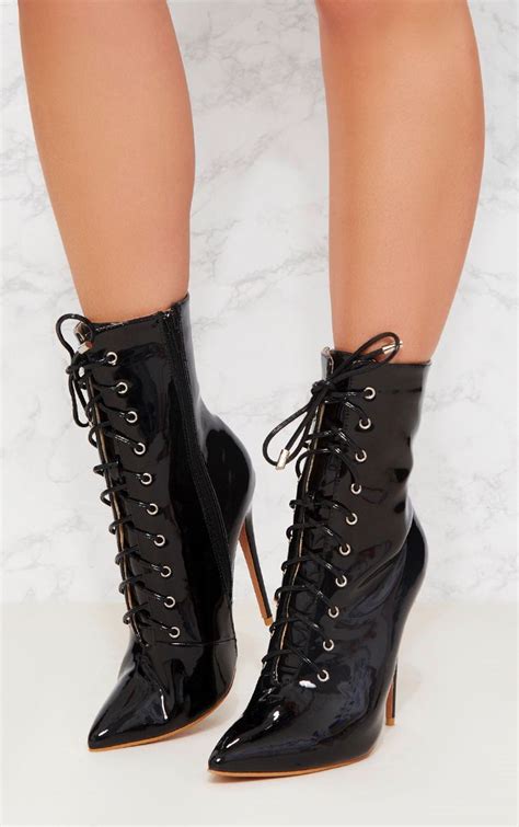 black vinyl lace up heeled boot prettylittlething usa