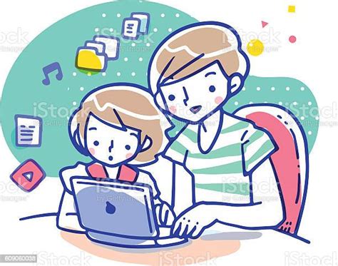 cartoon illustration of mother teaching daughter how to use computer