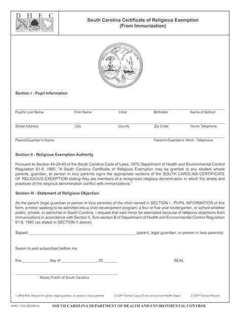 sc religious exemption form  fill  printable fillable