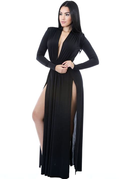 Women Long Sleeves Side Slit Sexy Black Maxi Dress
