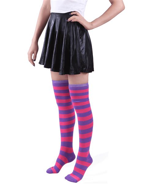 women s extra long striped socks over knee high opaque stockings black