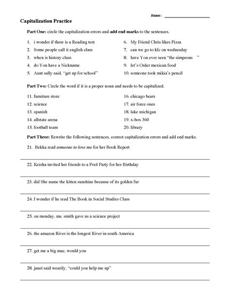 printable capitalization worksheets printable blank world