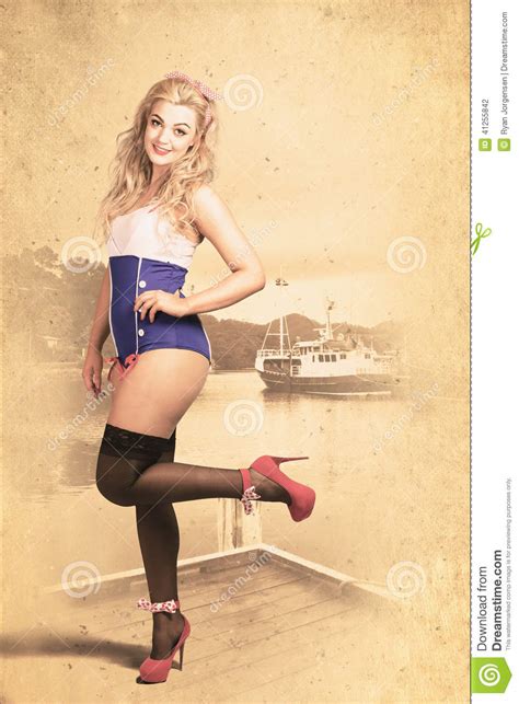 Happy Navy Pinup Girl In Retro Fashion Accessories Stock